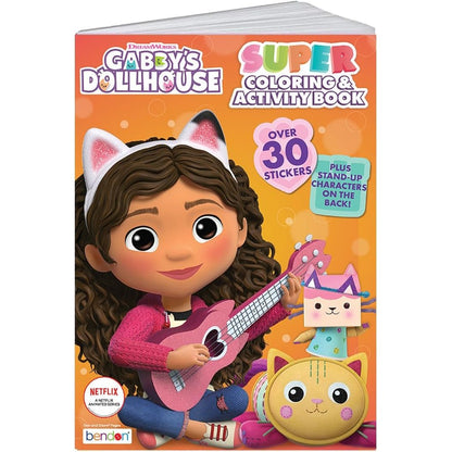 Bendon Gabby's Dollhouse Super Coloring and Activity Book front view showing main characters and sticker callout.