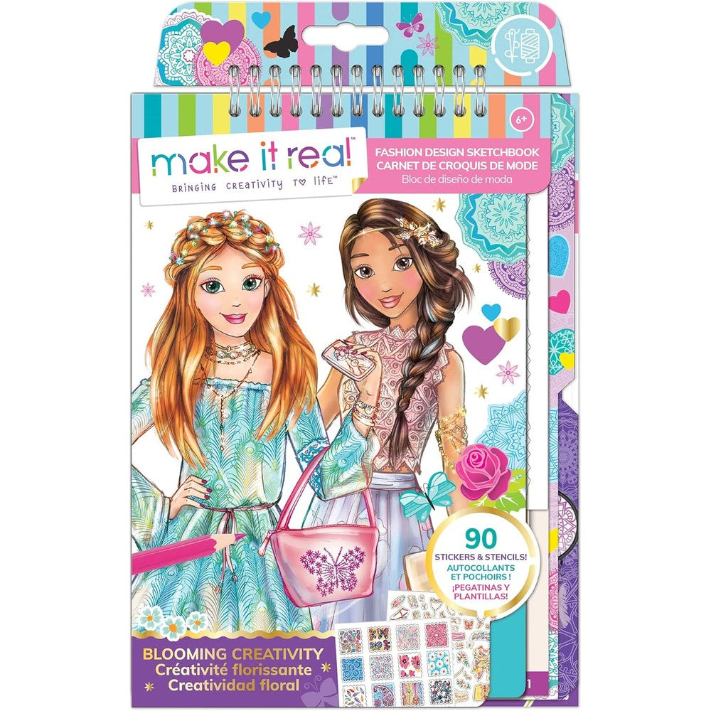 Make It Real Fashion Design Sketchbook front view showcasing Blooming Creativity cover design and included accessories.