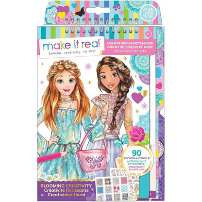 Make It Real Fashion Design Sketchbook front view showcasing Blooming Creativity cover design and included accessories.