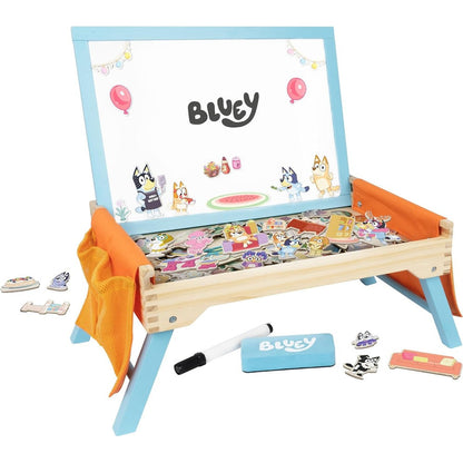 Bluey Art Creation Kids Art Station front view showcasing the magnetic whiteboard lid setup.