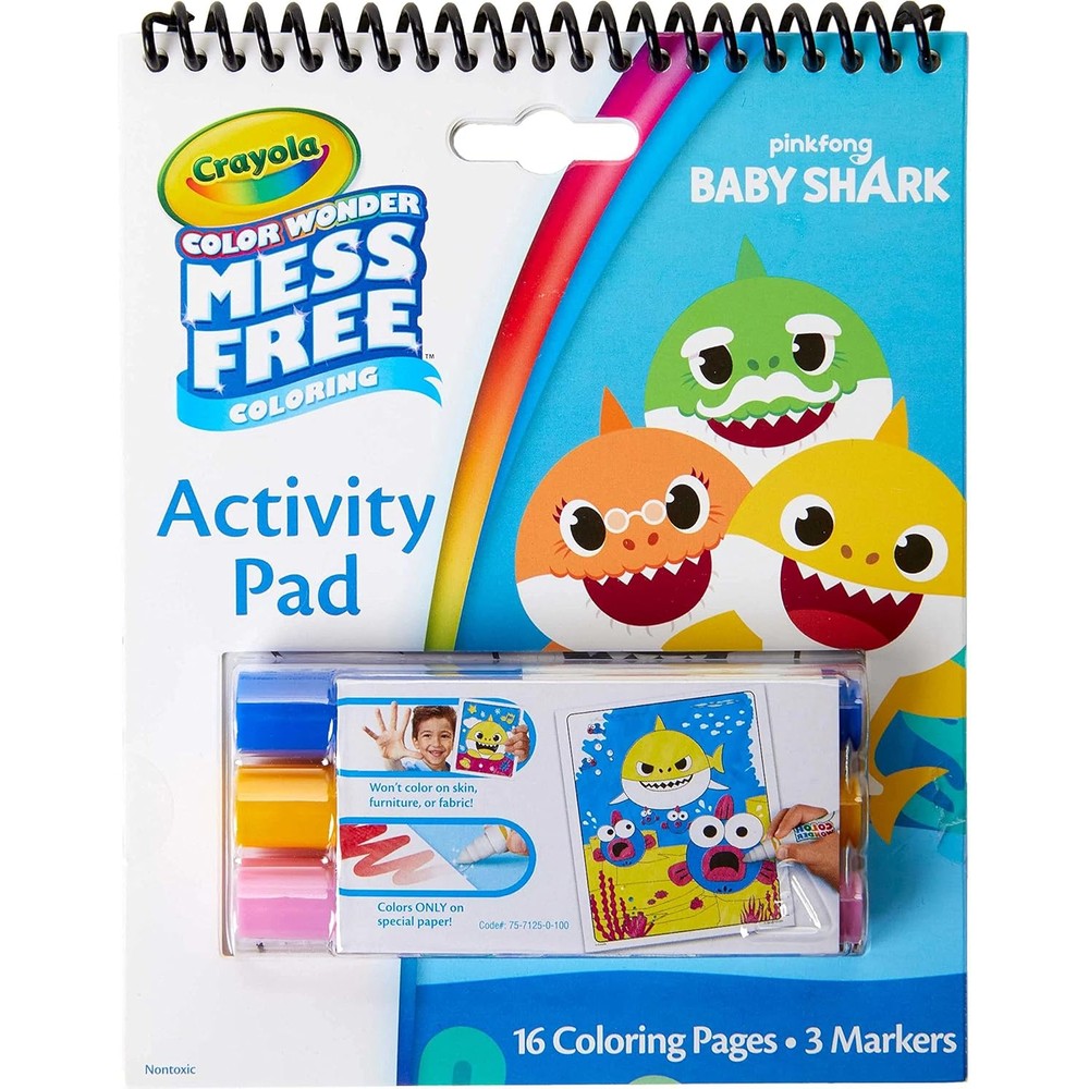Crayola Baby Shark Color Wonder Travel Activity Pad front view showing mess free markers
