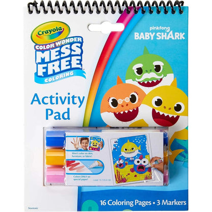Crayola Baby Shark Color Wonder Travel Activity Pad front view showing mess free markers