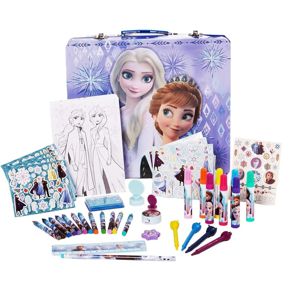 Innovative Designs Disney Frozen 2 Deluxe Activity Set front view showing Anna and Elsa tin case with art supplies.