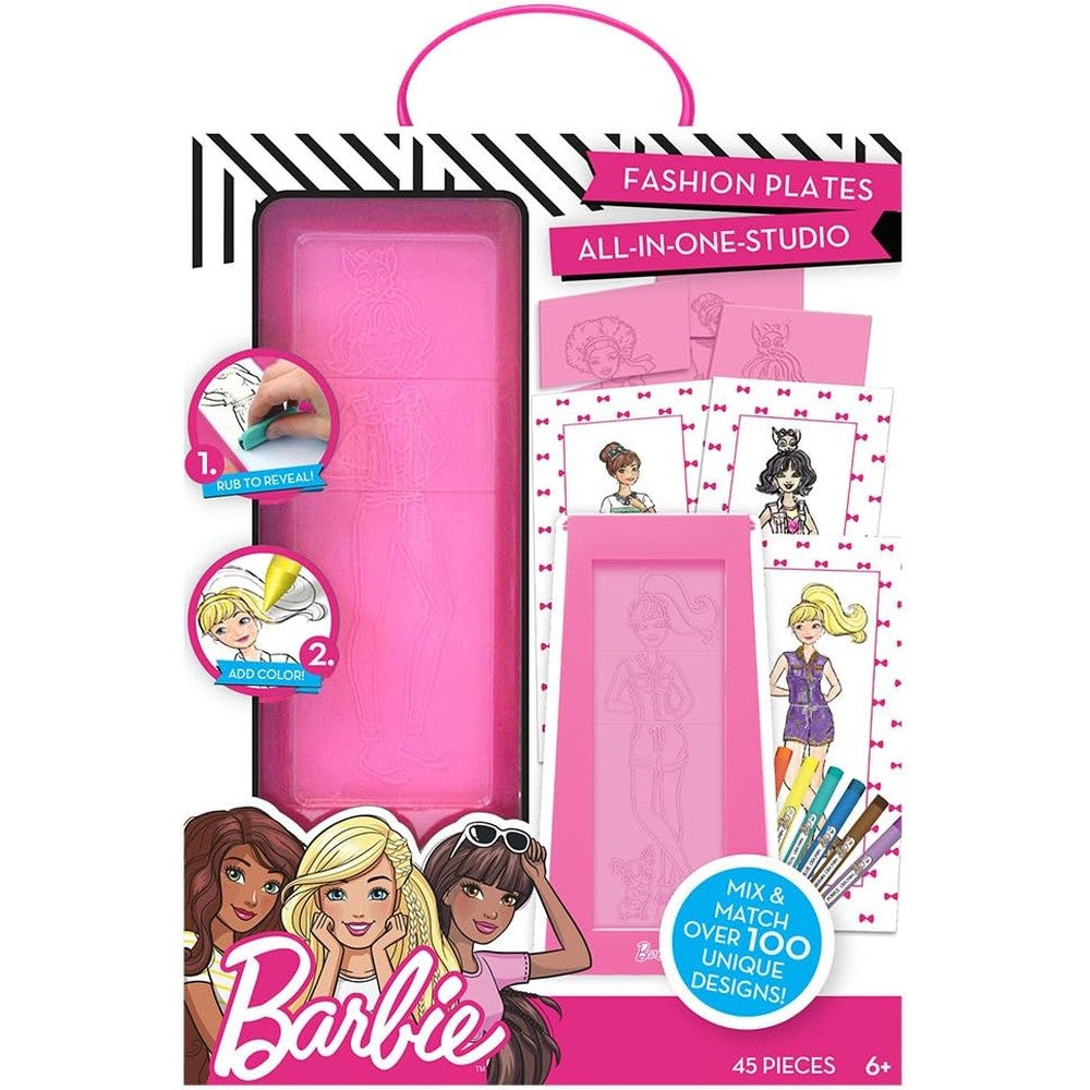 Barbie Fashion Plates All in One Studio front view of the packaging showcasing the fashion design kit for kids.