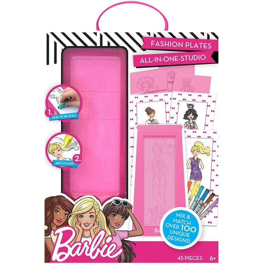 Barbie Fashion Plates All in One Studio front view of the packaging showcasing the fashion design kit for kids.