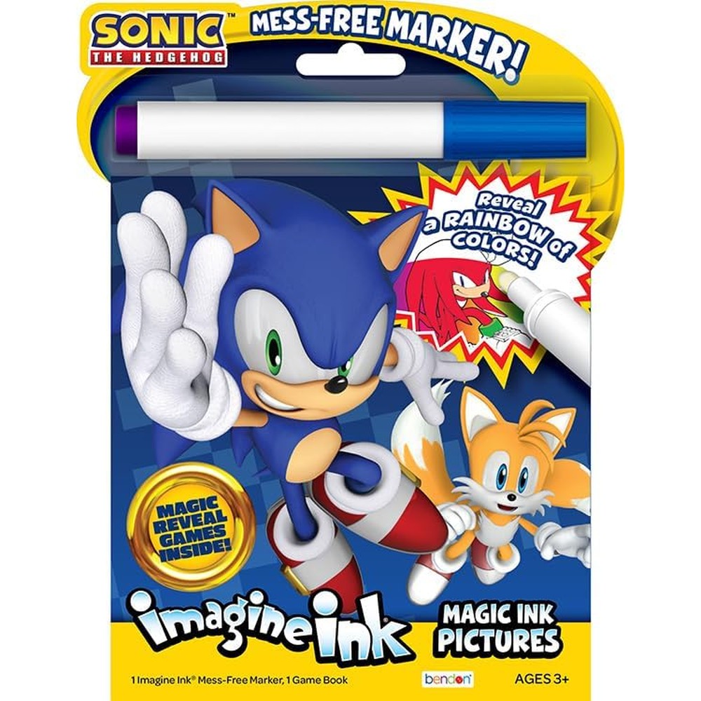 Bendon Sonic the Hedgehog Imagine Ink coloring and activity book front view with attached mess free magic marker.