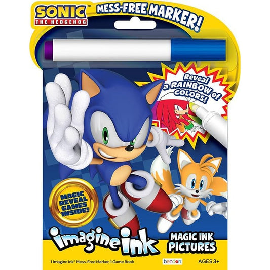 Bendon Sonic the Hedgehog Imagine Ink coloring and activity book front view with attached mess free magic marker.