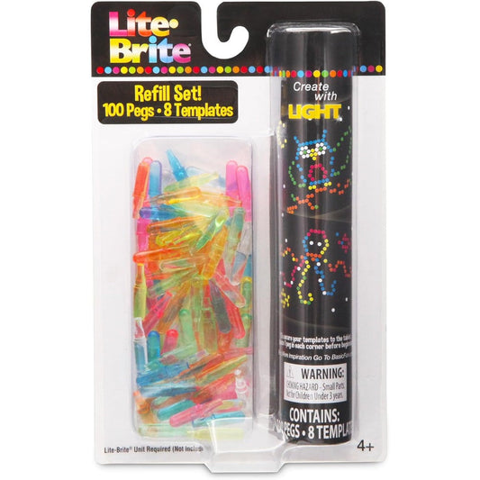 Basic Fun Lite Brite Peg and Template Refill Pack front view showcasing the packaging with colorful pegs and design templates.