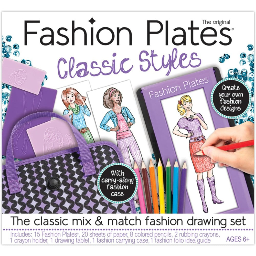 PlayMonster Fashion Plates Classic drawing kit front view packaging showing the purple carry case and stencils.