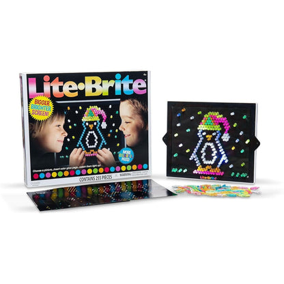 Lite Brite Ultimate Value Retro Toy front view featuring a brightly illuminated LED screen with colorful pegs forming a glowing design.