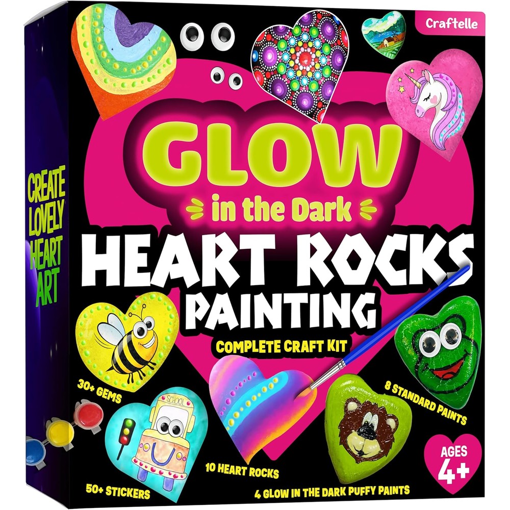 The Scholar Ant Hearts Rock Painting Kit front view packaging showing colorful glow in the dark craft supplies.