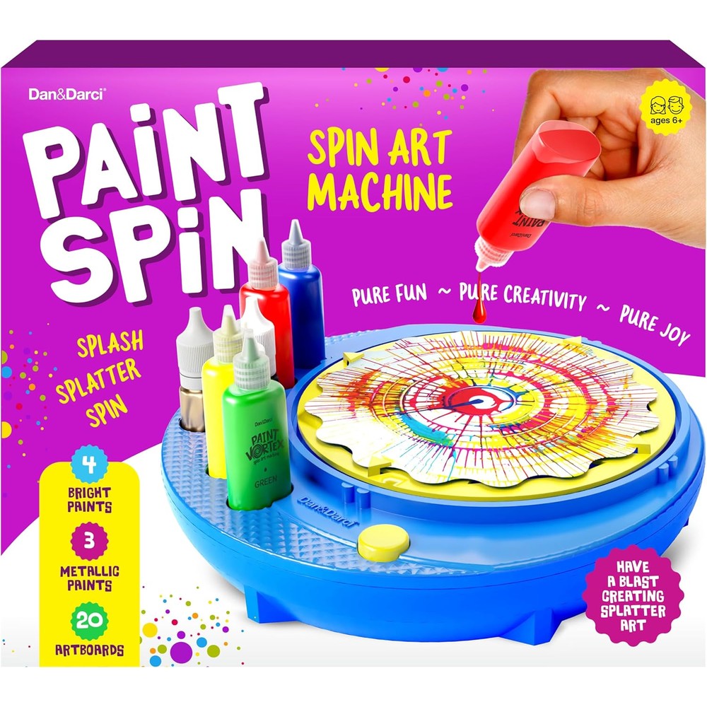Dan&Darci Paint Vortex Spin Art Machine Kit front view showing motorized spinner base and colorful packaging.