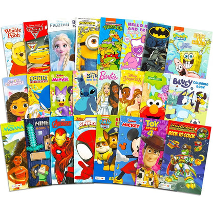 Bendon small coloring books for kids twenty four pack front view featuring licensed cartoon characters.