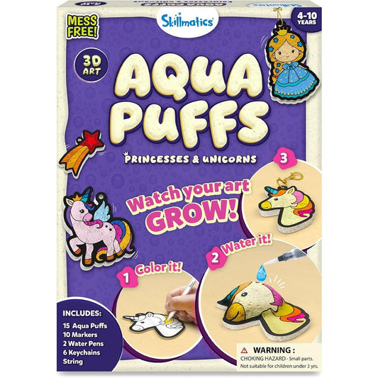 Skillmatics Aqua Puffs Princesses and Unicorns 3D Art Kit front packaging view showcasing mess free crafting for kids.