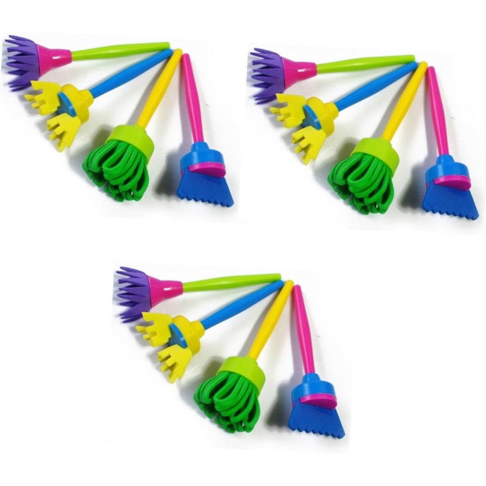 NUOBESTY Kids Paintbrush Set front view showing 12 pieces of colorful sponge painting brushes with plastic handles.