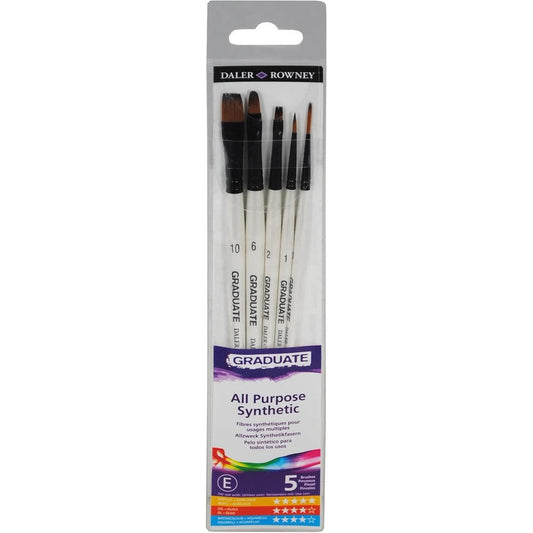 Daler-Rowney Graduate All Purpose Paintbrush 5 Piece Set front view showing assorted synthetic short handle art brushes