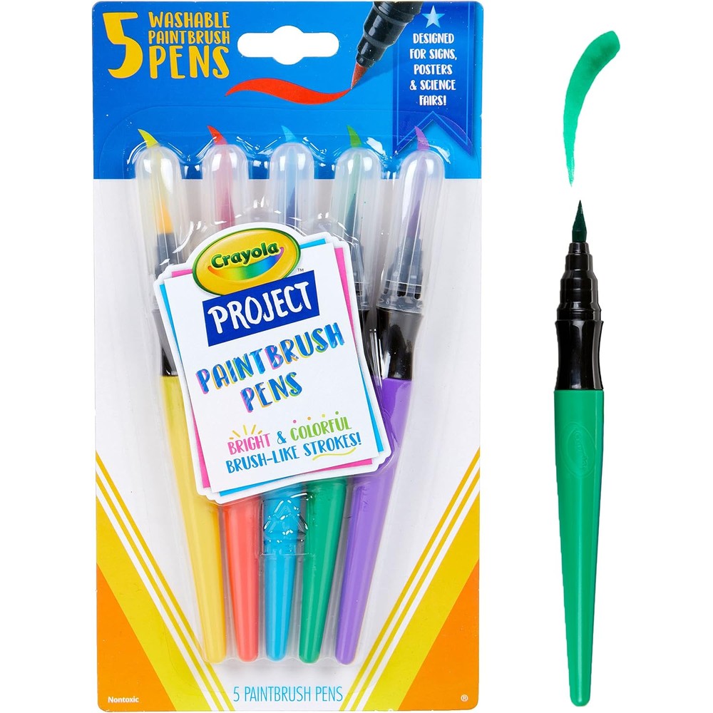 Crayola Washable No Drip Paint Brush Pens 5 Count front packaging view for mess free kids painting.