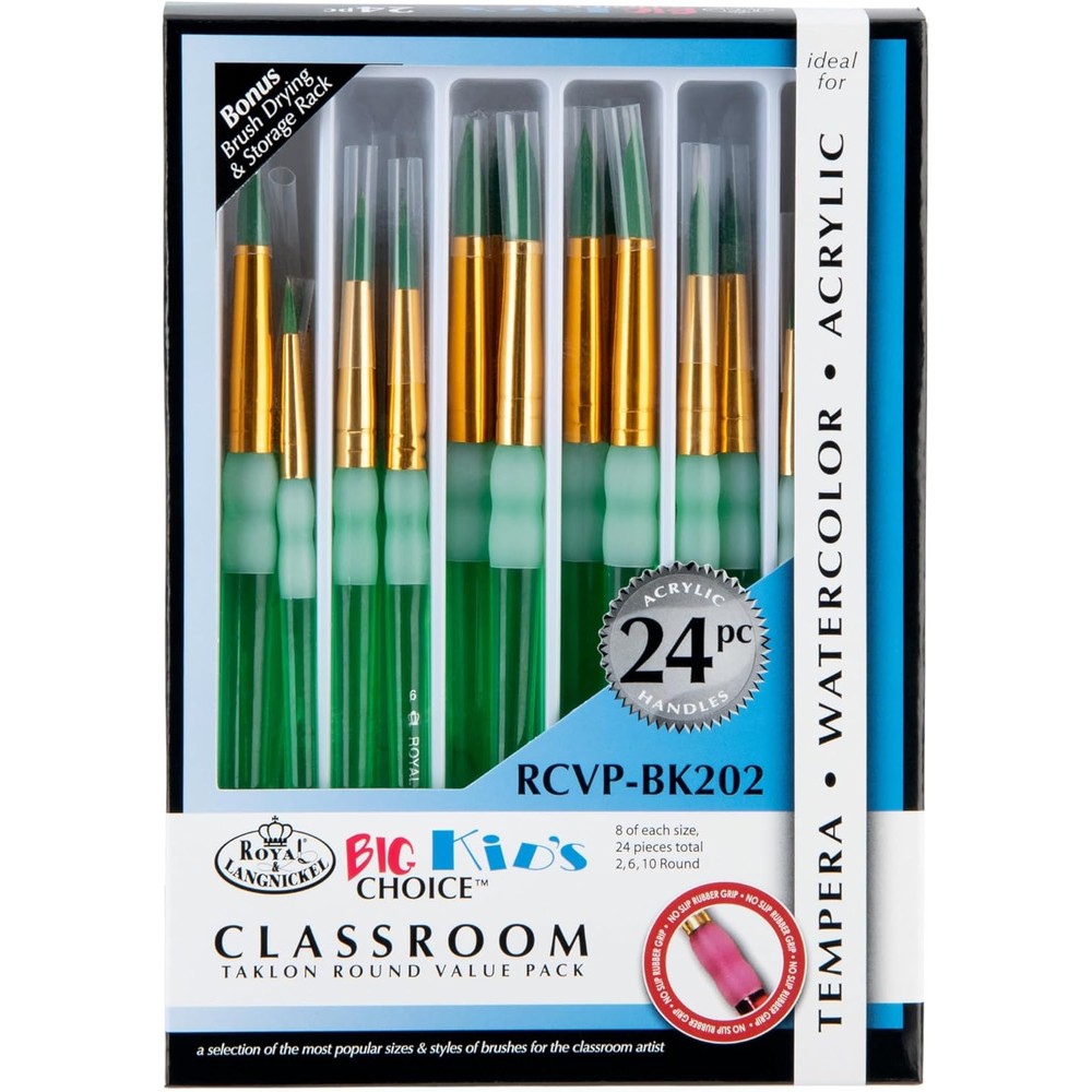 Omnia Royal and Langnickel Big Kids Choice round paint brush set front view showing twenty four pack for classroom art projects