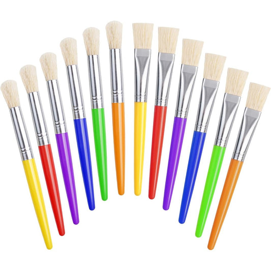 Joyooss Kids Paint Brushes twelve piece set front view showing colorful thick handles