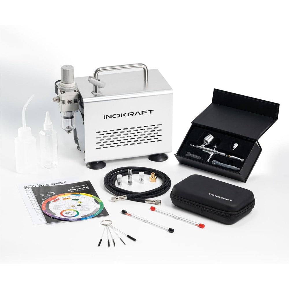 InoKraft airbrush kit with quiet air compressor front view showcasing stainless steel casing and integrated pressure gauge