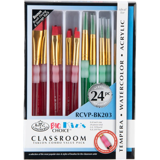 Omnia Royal and Langnickel Big Kids Choice Paint Brushes 24 Piece Value Set front view showcasing assorted round and flat synthetic brushes.