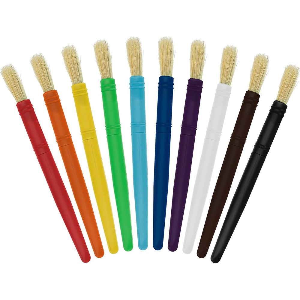U.S. Art Supply 10-Piece Large Round Chubby Paint Brush Set front view showing colorful easy-grip handles