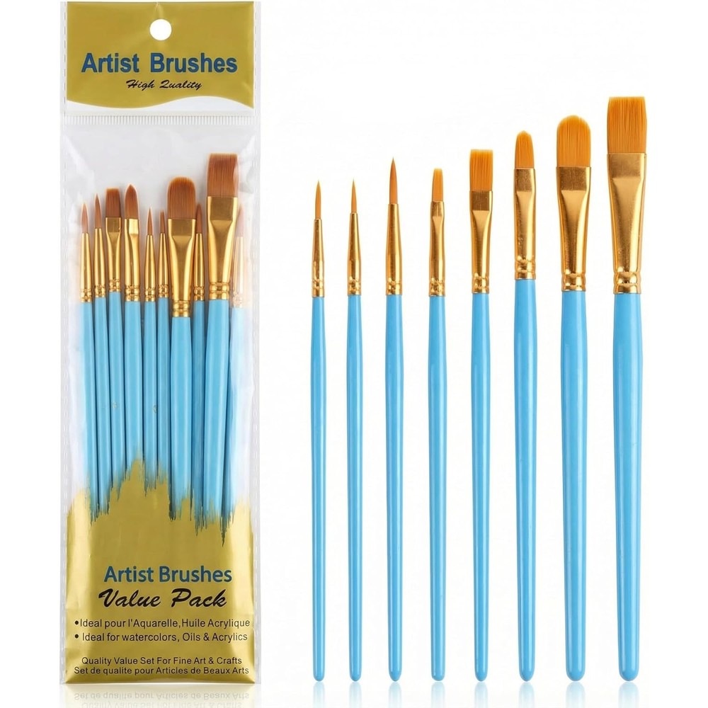 Generic 10 piece beginner watercolor brush set front view showing assorted brush tips and wooden handles for painting