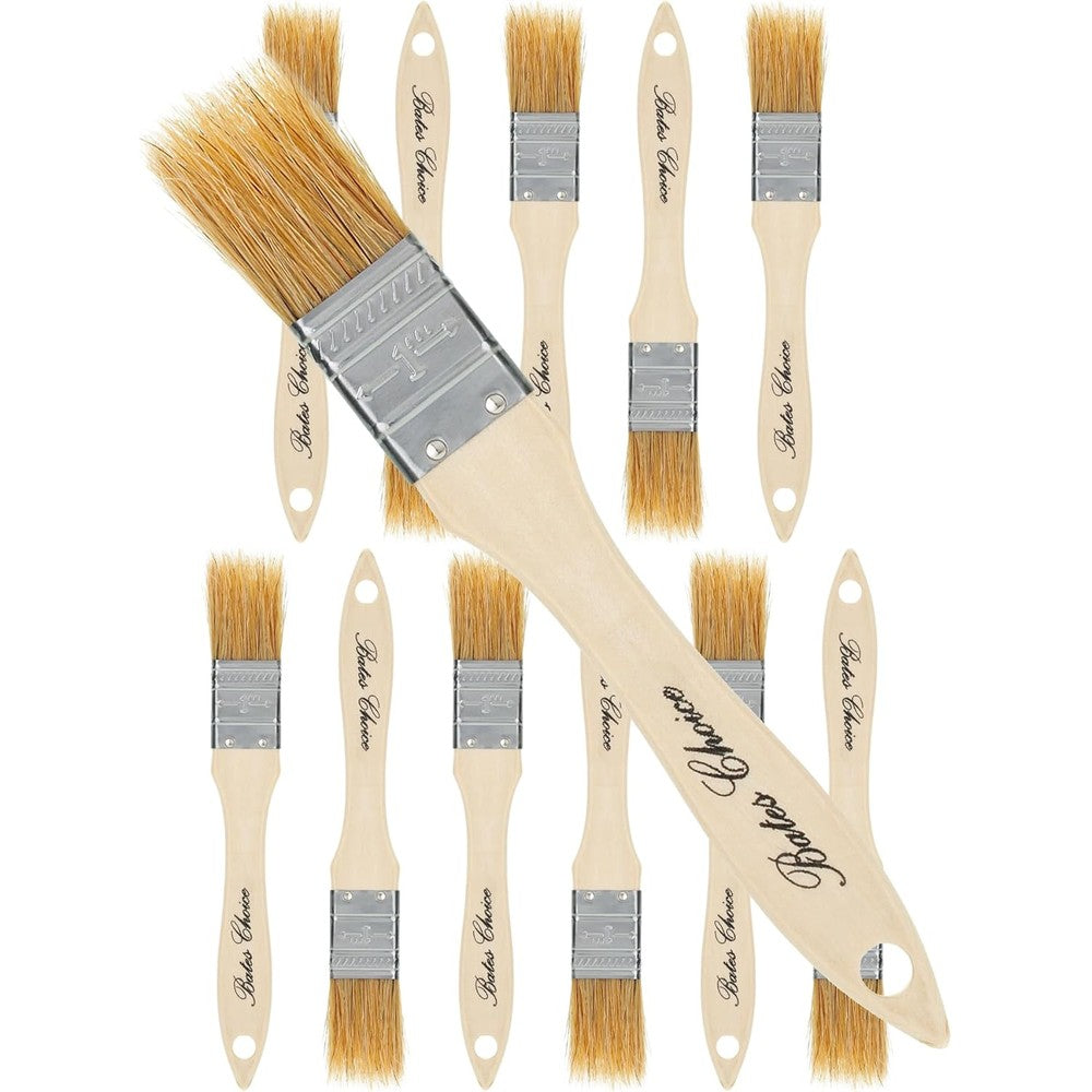 Bates Choice chip paint brushes 1 inch 12 pack front view showcasing natural bristles and wood handles.