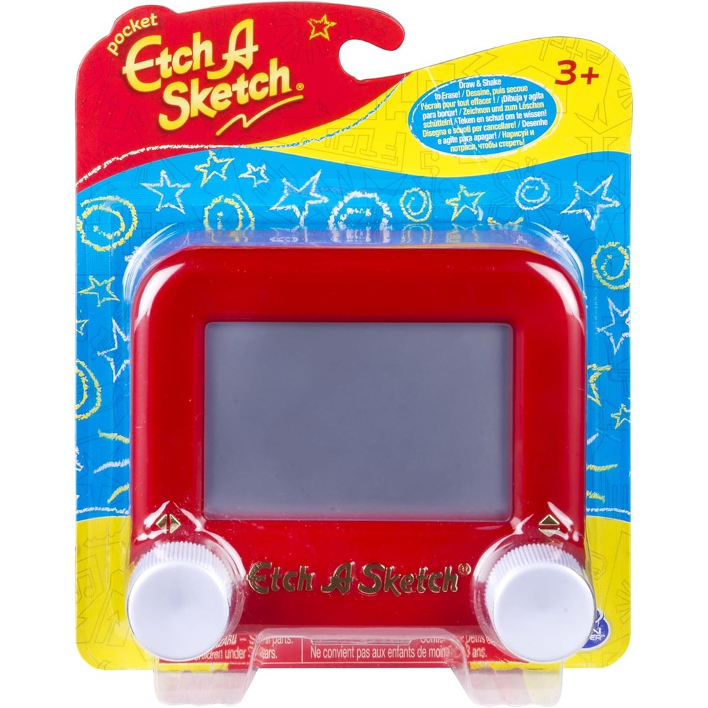 Spin Master Etch A Sketch Classic Mini Pocket Version front view featuring the iconic red frame and white drawing knobs.