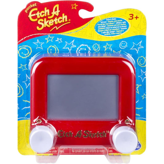 Spin Master Etch A Sketch Classic Mini Pocket Version front view featuring the iconic red frame and white drawing knobs.