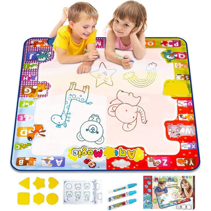 KIZZYEA Water Doodle Mat front view showing the full thirty by thirty inch multi color aqua drawing board setup