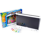 Crayola Ultimate Light Board White drawing tablet illuminated front view showing glowing marker sketches.