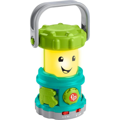 Fisher Price Laugh And Learn Camping Fun Lantern front view showing yellow smiling face and grey handle.