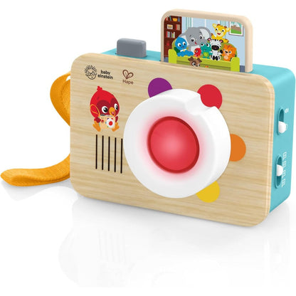 Baby Einstein Hape Learning Lens Toy Camera front view showing the wooden design and red lens