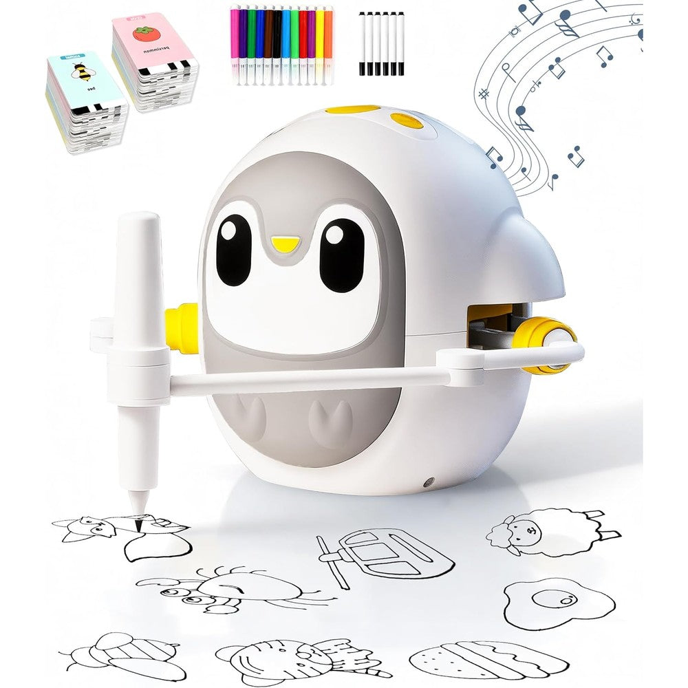 GMYGBY drawing robot for kids front view showing the cute grey and white penguin design holding a marker