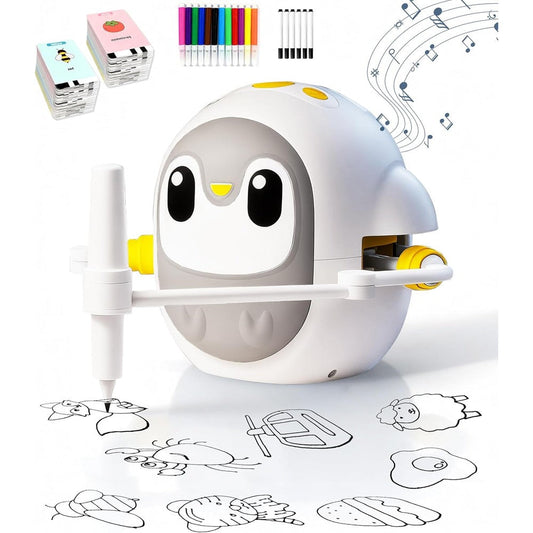 GMYGBY drawing robot for kids front view showing the cute grey and white penguin design holding a marker