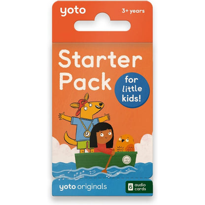 Yoto Starter Pack for Little Kids front view showcasing the packaging and six audio cards for screen-free educational learning.