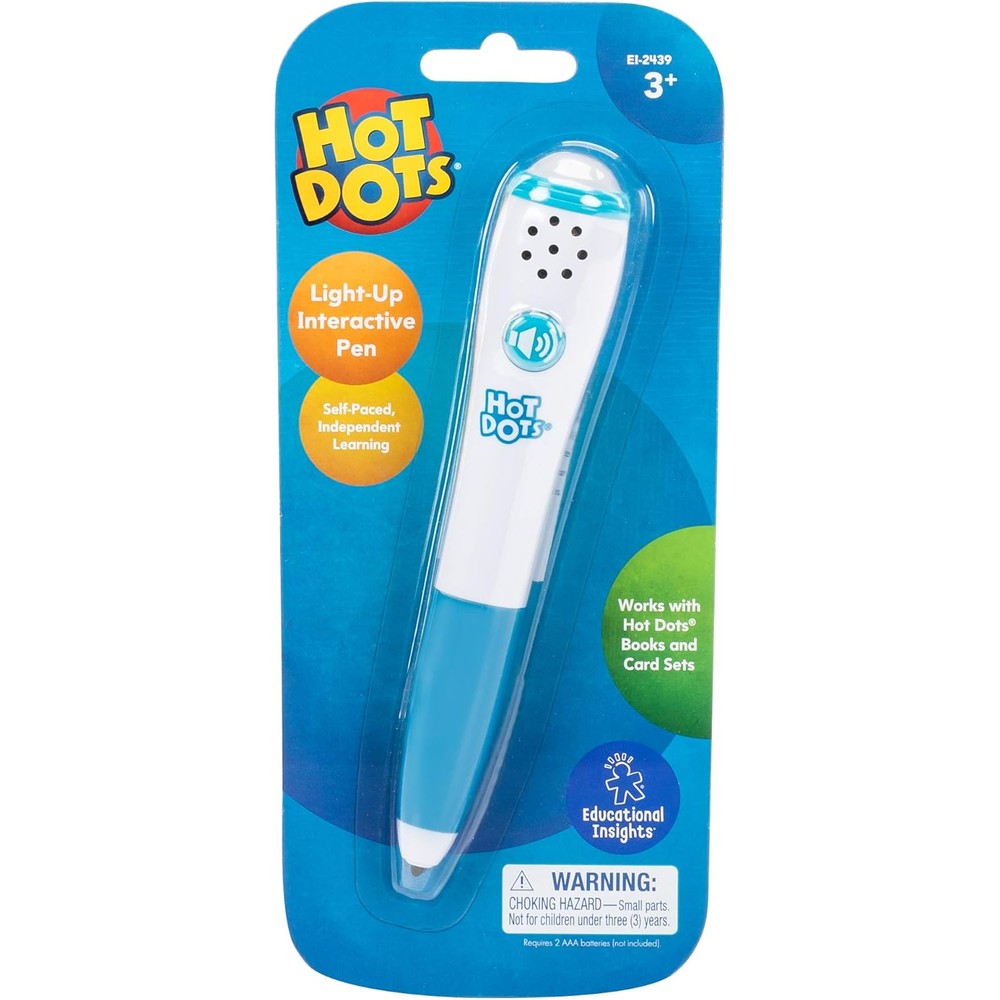 Educational Insights Hot Dots Light Up Interactive Pen front view showcasing the ergonomic design and pocket clip.
