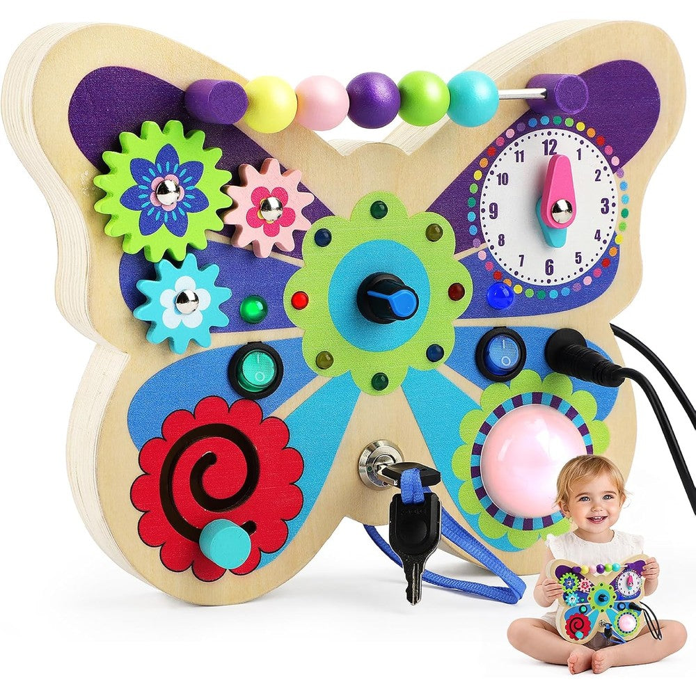 TOY Life Montessori Wooden Busy Board Butterfly front view showing colorful LED switches for toddler sensory development.