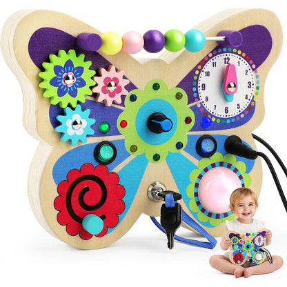TOY Life Montessori Wooden Busy Board Butterfly front view showing colorful LED switches for toddler sensory development.
