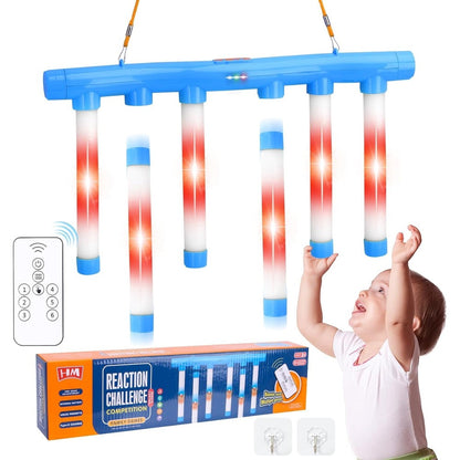 OCES Reflex Stick Game front view showcasing the light-up blue sticks mounted in the reaction training base unit.