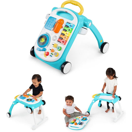 Baby Einstein Musical Mix N Roll 4-in-1 Push Walker front view showing the colorful interactive DJ piano panel for infant development.
