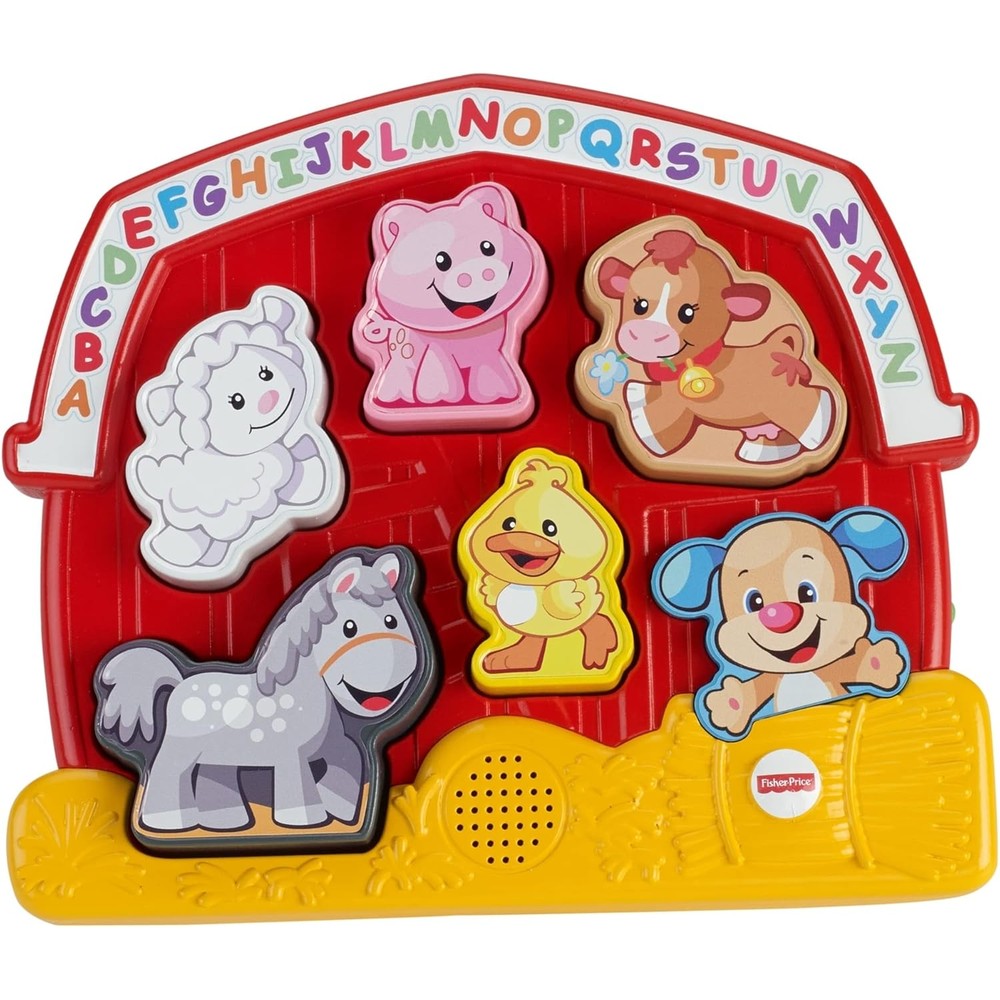 Fisher-Price Laugh and Learn Farm Animal Puzzle front view showing electronic barn board and five colorful animal sorting pieces.