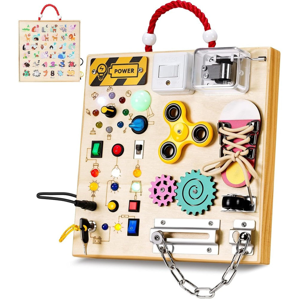 GNAYUIJ Montessori wooden busy board front view showcasing LED lights and switches for toddler fine motor skill development.