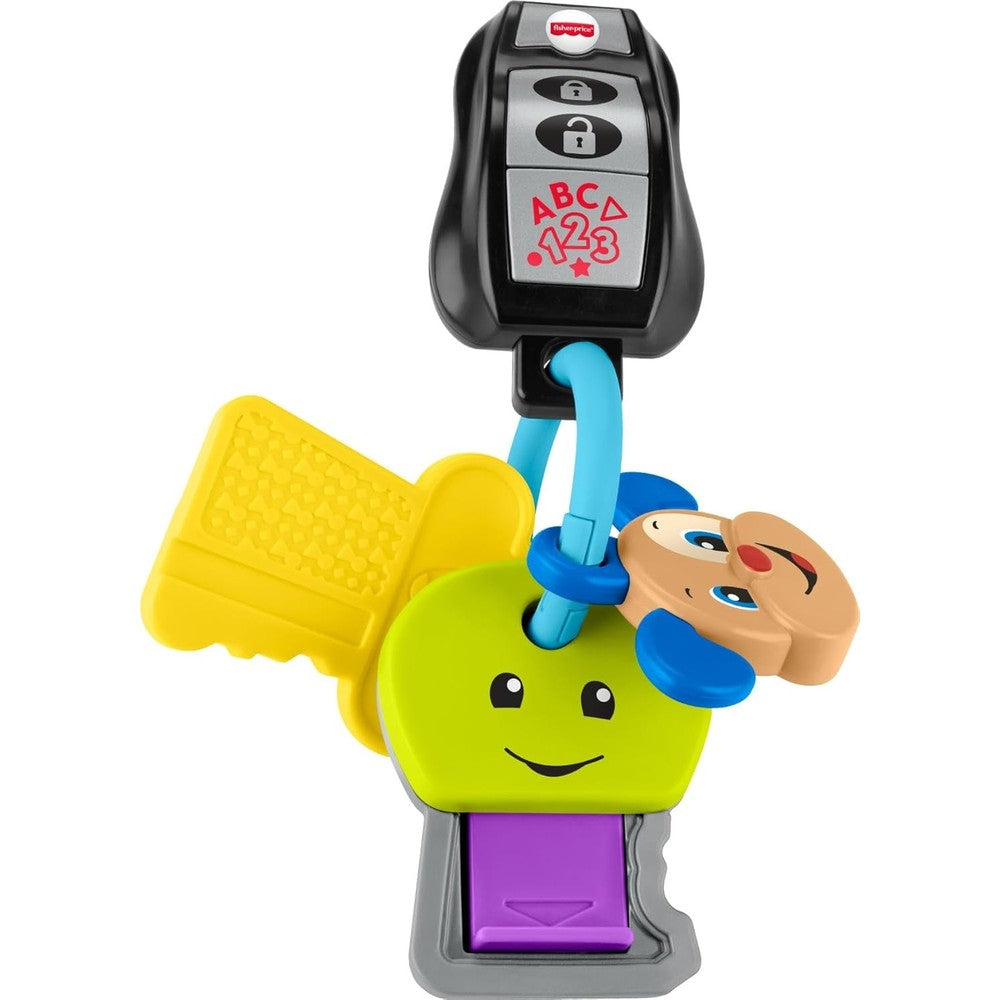 Fisher-Price Laugh and Learn Play and Go Keys front view showing the electronic key fob and puppy keychain.