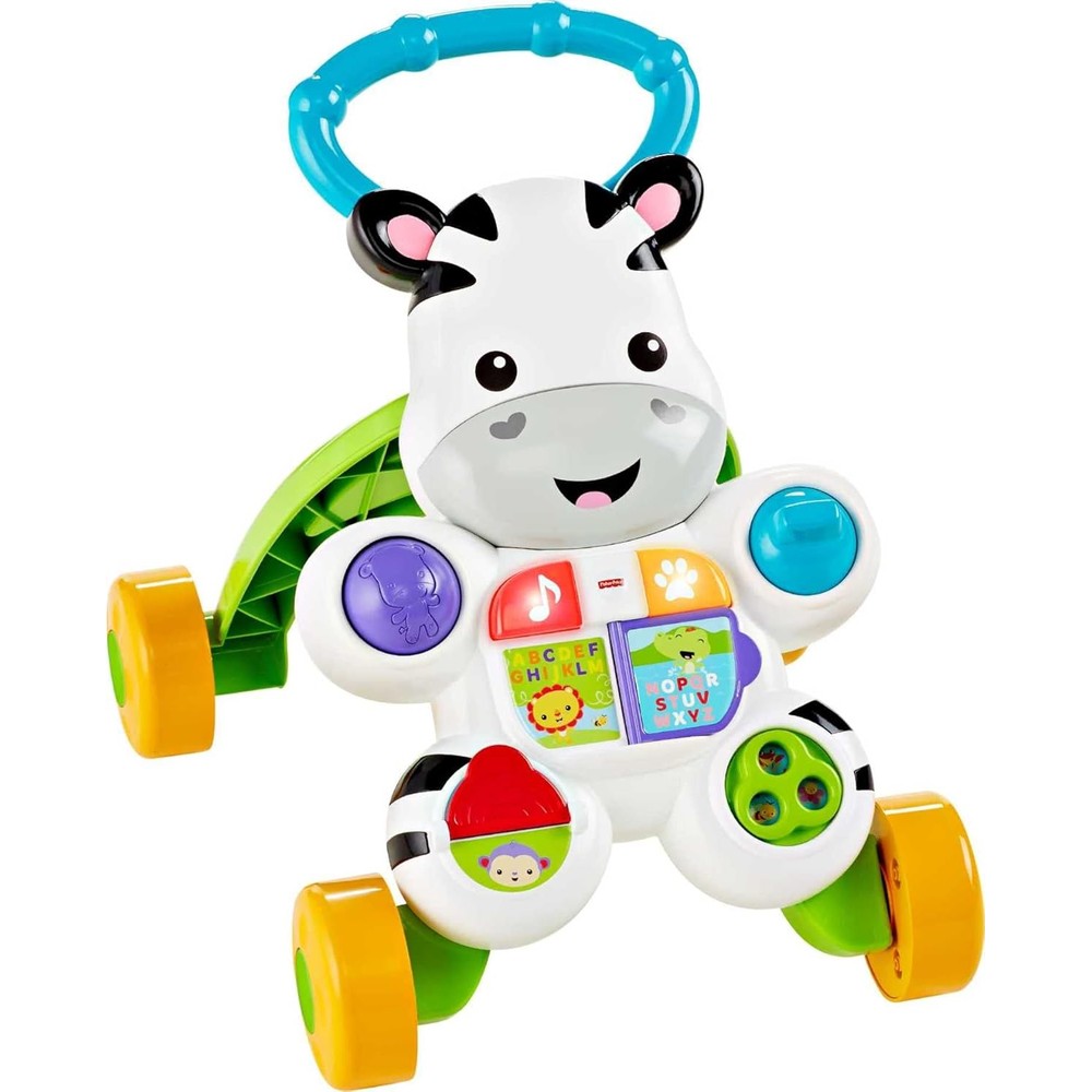 Fisher-Price Learn with Me Zebra Walker front view showing musical activity panel.