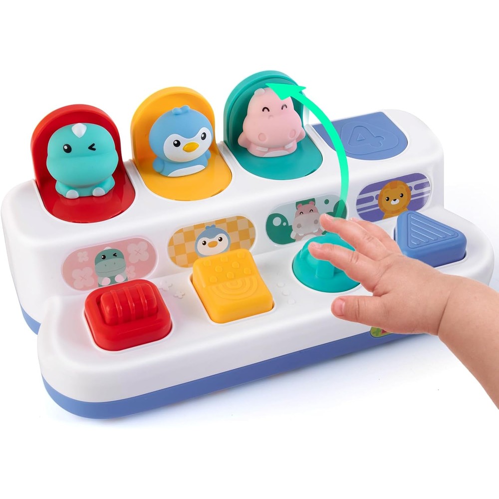 Tovol Zerky Montessori cause and effect toy front view showing four colorful buttons and pop up animals.