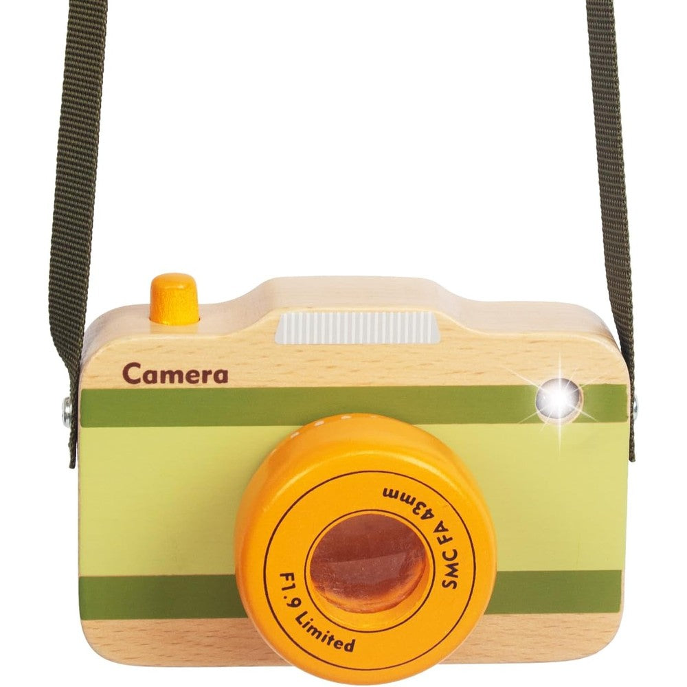 WoodenEdu wooden mini pretend camera toy front view showing the realistic lens and shutter button.