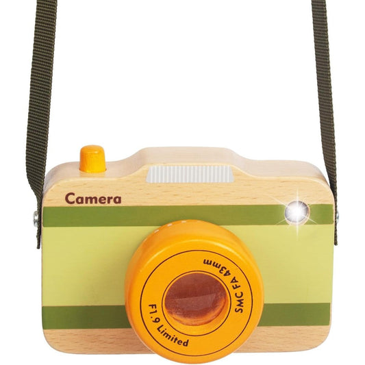 WoodenEdu wooden mini pretend camera toy front view showing the realistic lens and shutter button.
