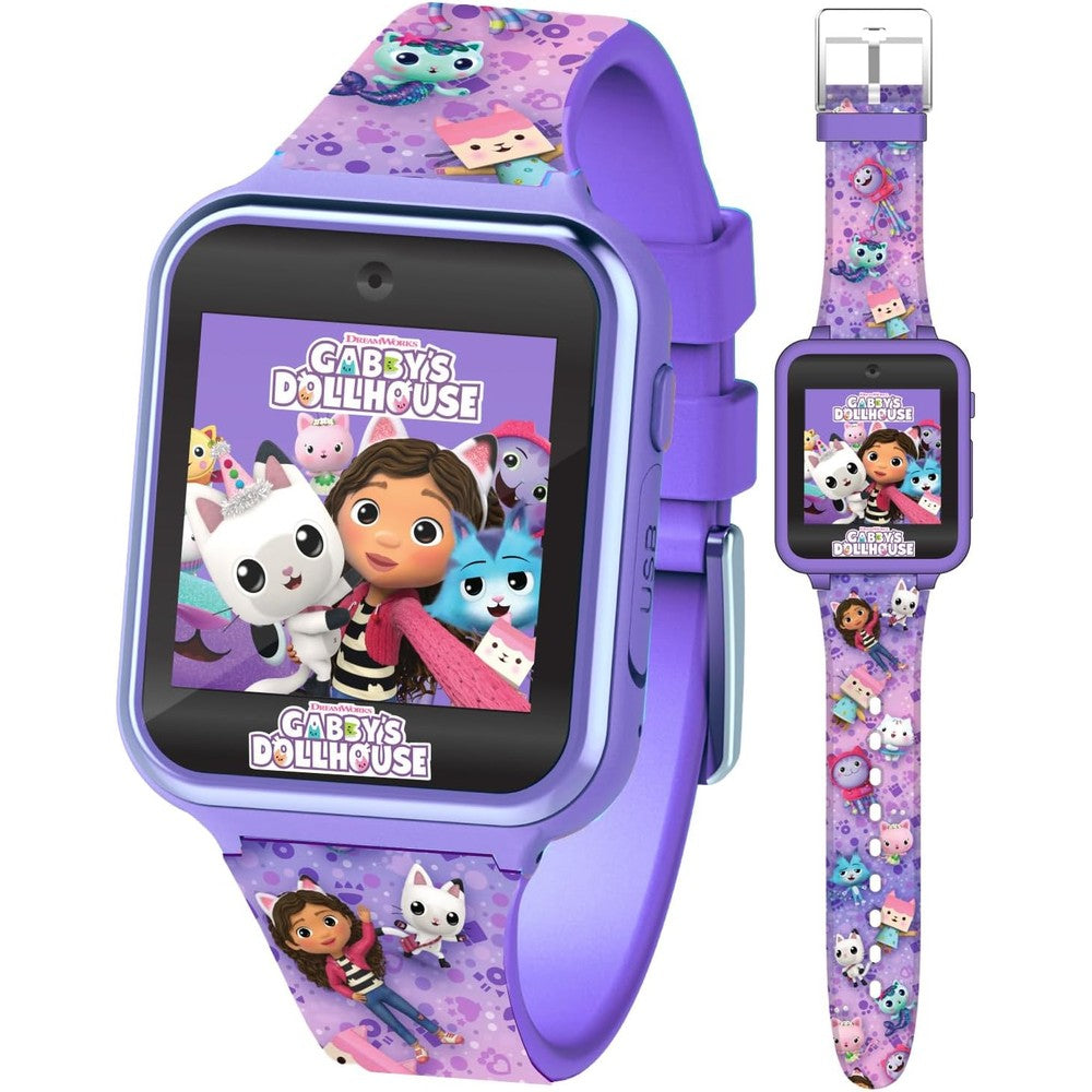 Accutime Gabby's Dollhouse purple kids smart watch front view showing character clock face.